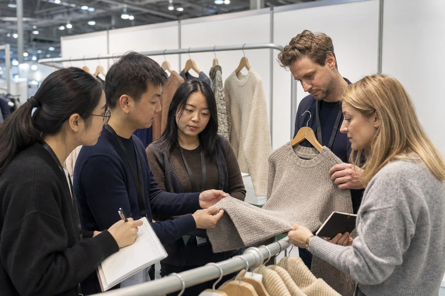 Fachgespräch über Strickwaren an einem internationalen Textilmesse-Stand
