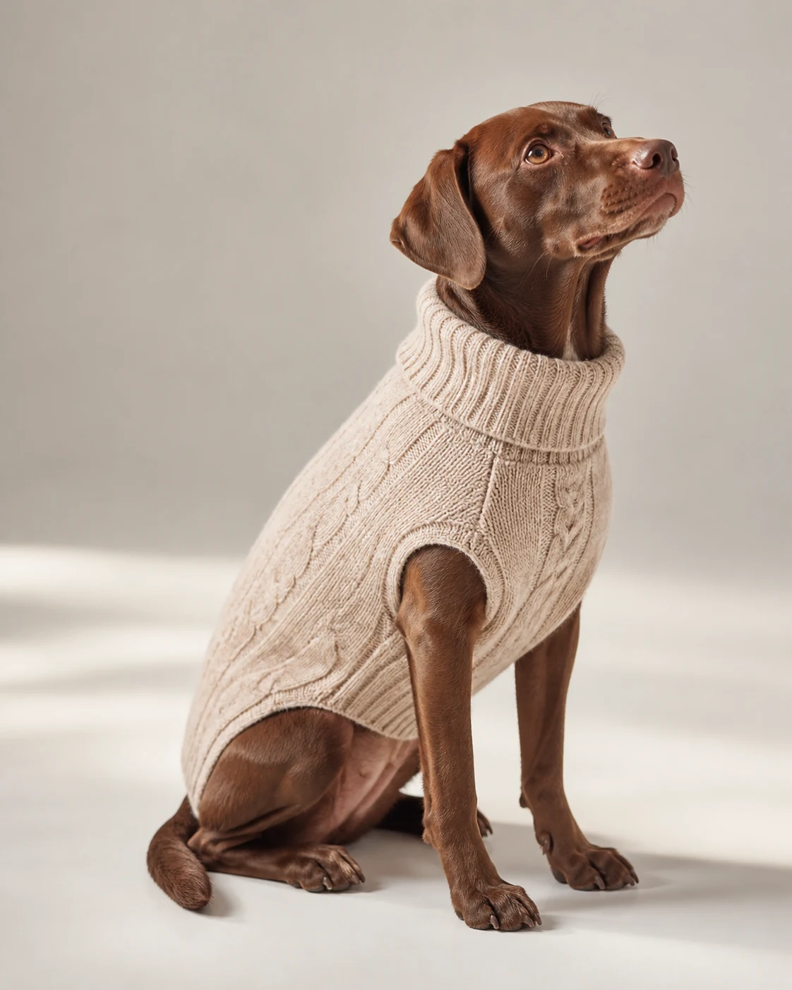 Hund in einem gestrickten Pullover
