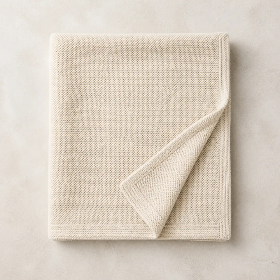 Elfenbeinfarbene Feinstrickdecke
