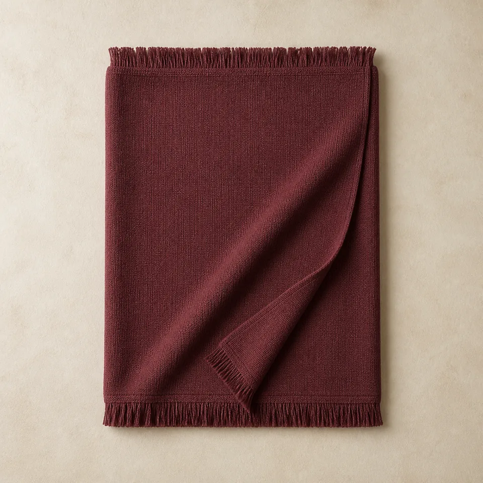 Burgunderrote Strickdecke mit Fransen