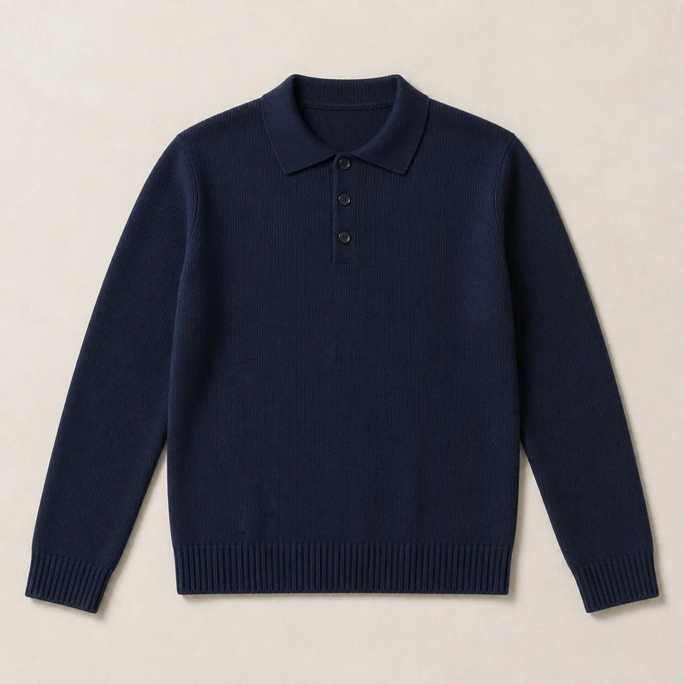 Dunkelblaues Langarm Strickpolo Herren