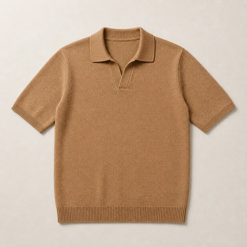 Kamelfarbenes Open Collar Strickpolo Herren