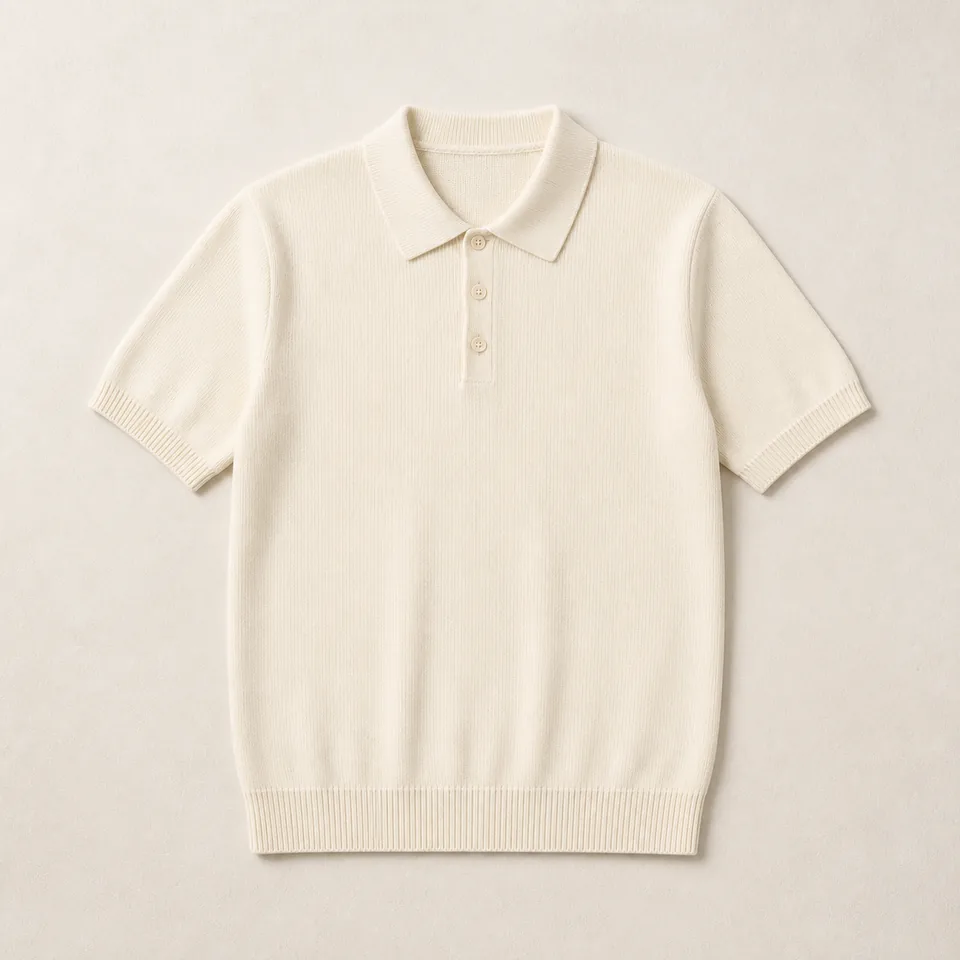 Elfenbeinfarbenes Kurzarm Strickpolo Herren