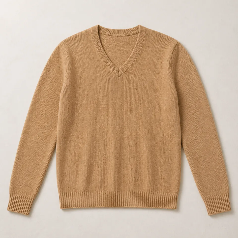 Kamelfarbener V-Ausschnitt Pullover Herren