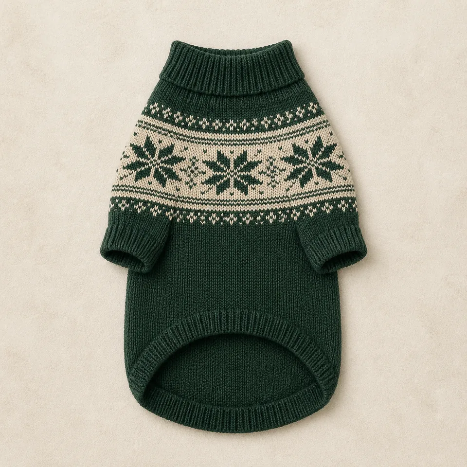 Grün cremefarbener Hundepullover mit geometrischem Wintermuster