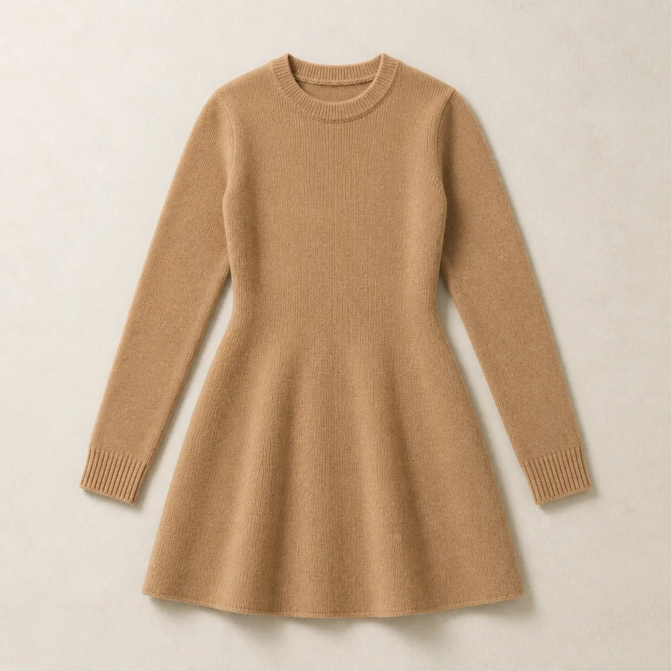Kamelfarbenes A-Linie Strickkleid Damen