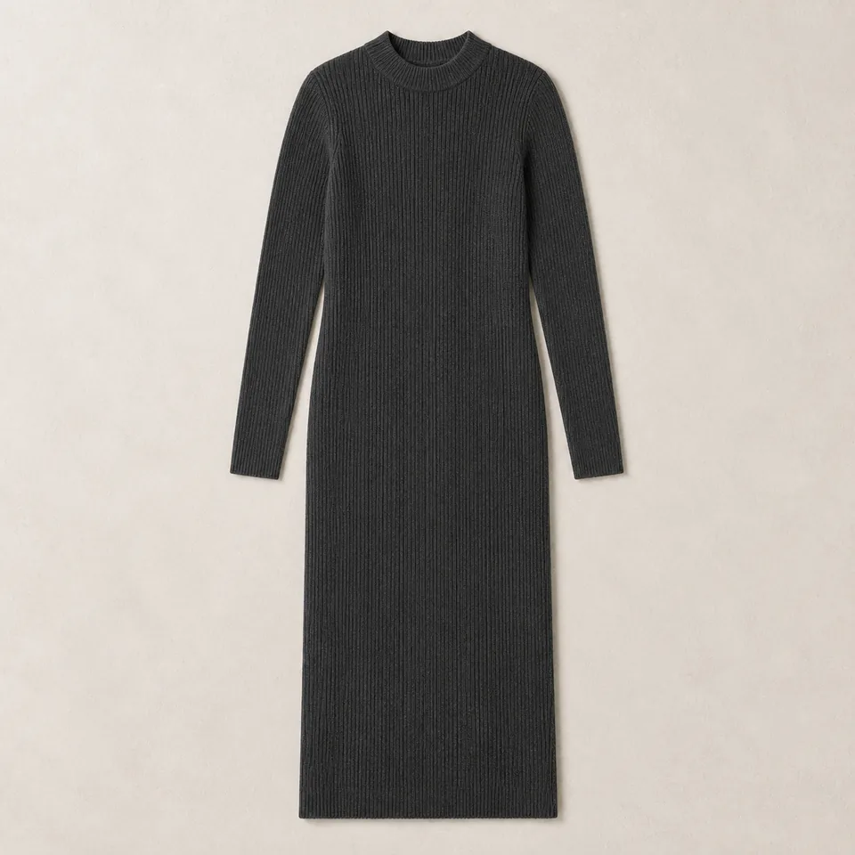 Anthrazitfarbenes geripptes Strickkleid Damen