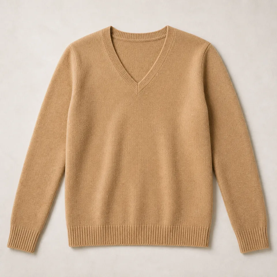 Kamelfarbener V-Ausschnitt Pullover Damen